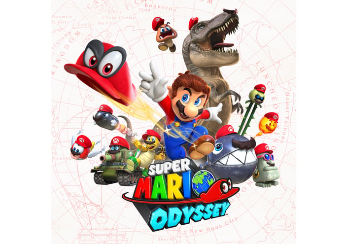 Game art of Nintendo's Super Mario Odyssey depicting different game characters.