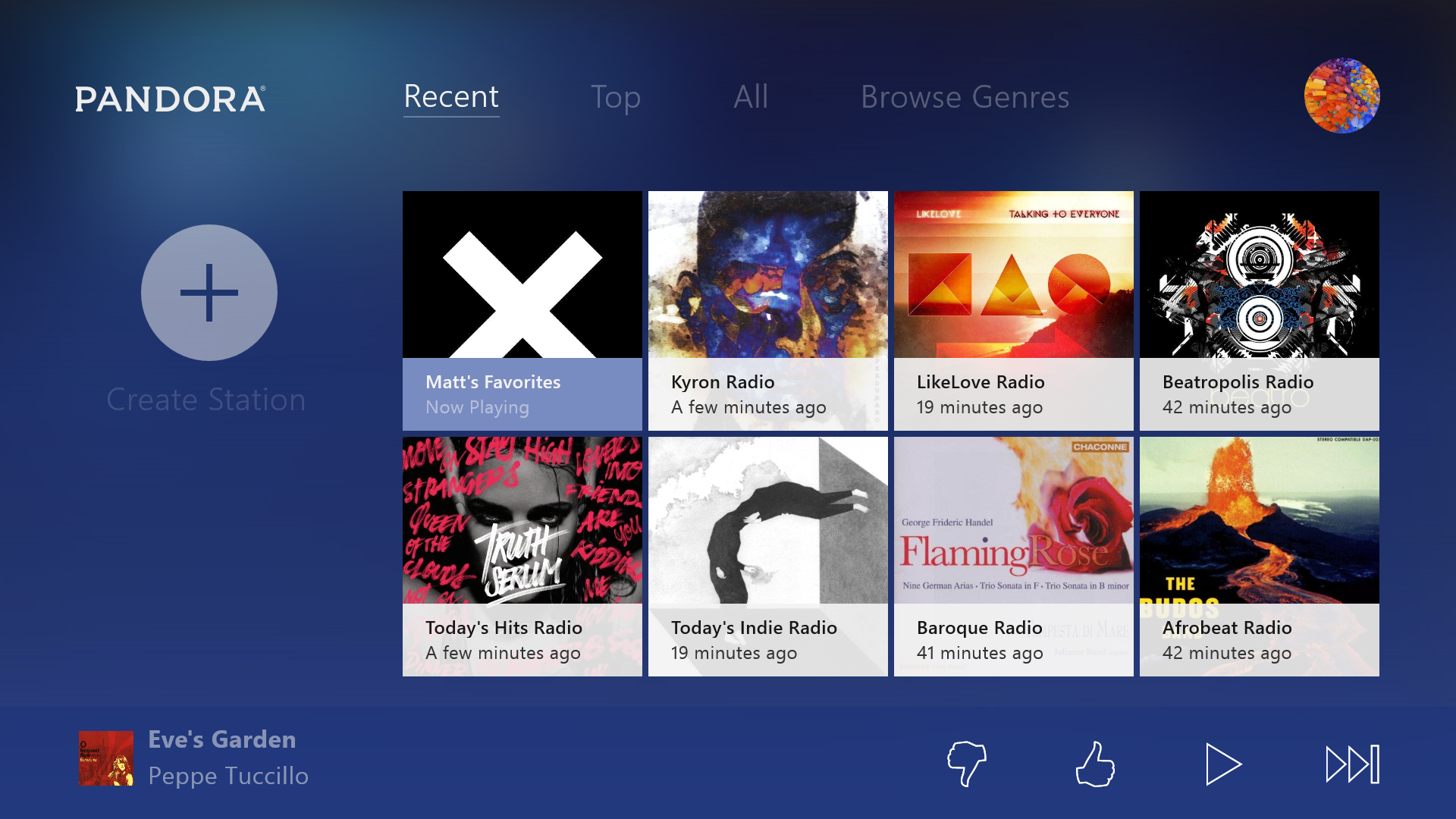 Screen shot of Pandora's platform when it launched on Xbox One consoles in 2015.