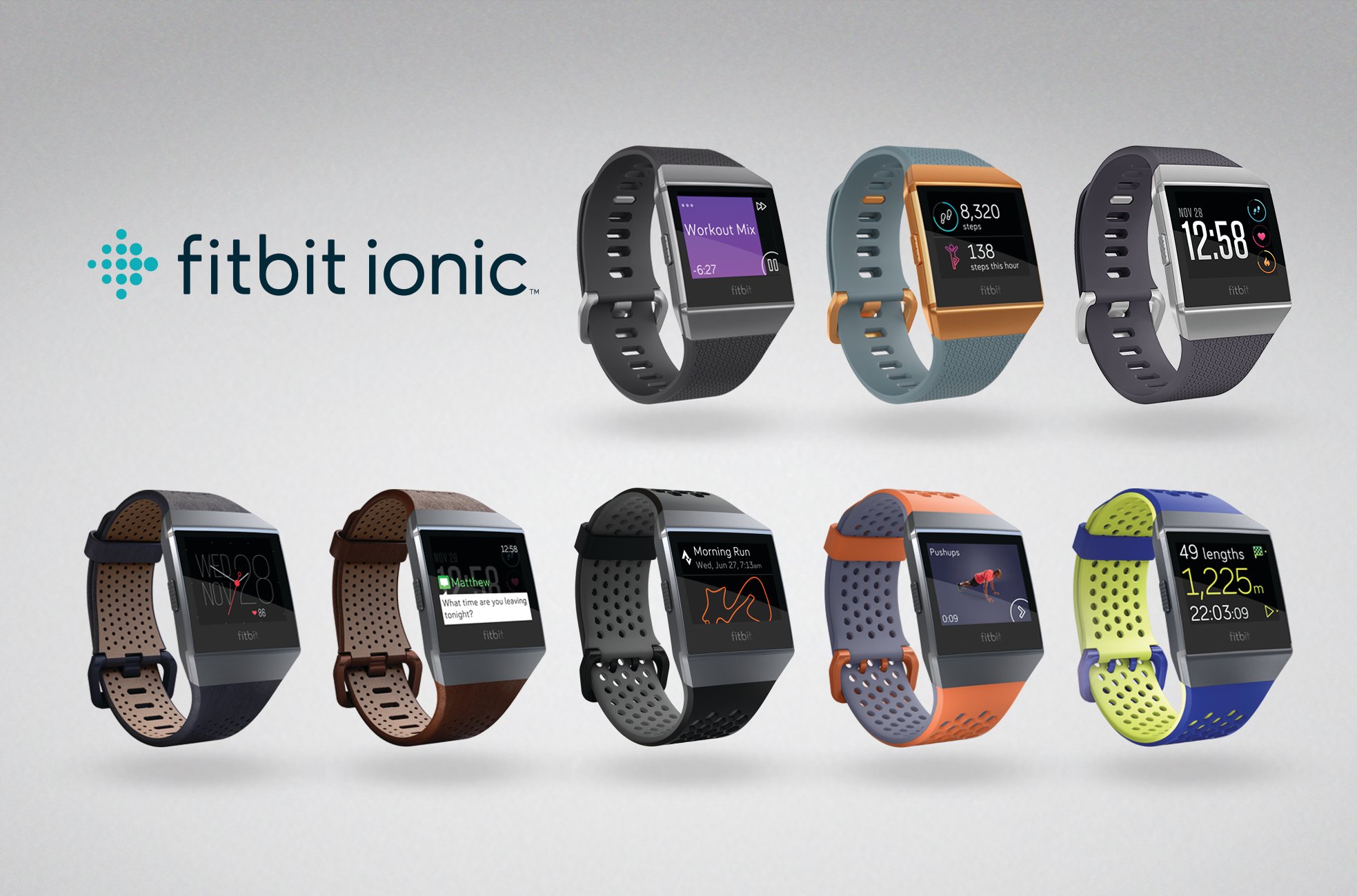 An advertisment featuring eight Fitbit Iconic smartwatches in different colors.