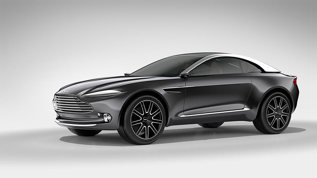 The Aston Martin DBX Concept, a gray SUV with a low, coupe-like roofline.