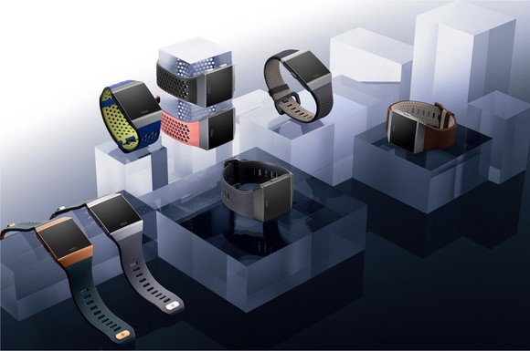 A digital rendering of different styles of Fitbit's Ionic smartwatch.
