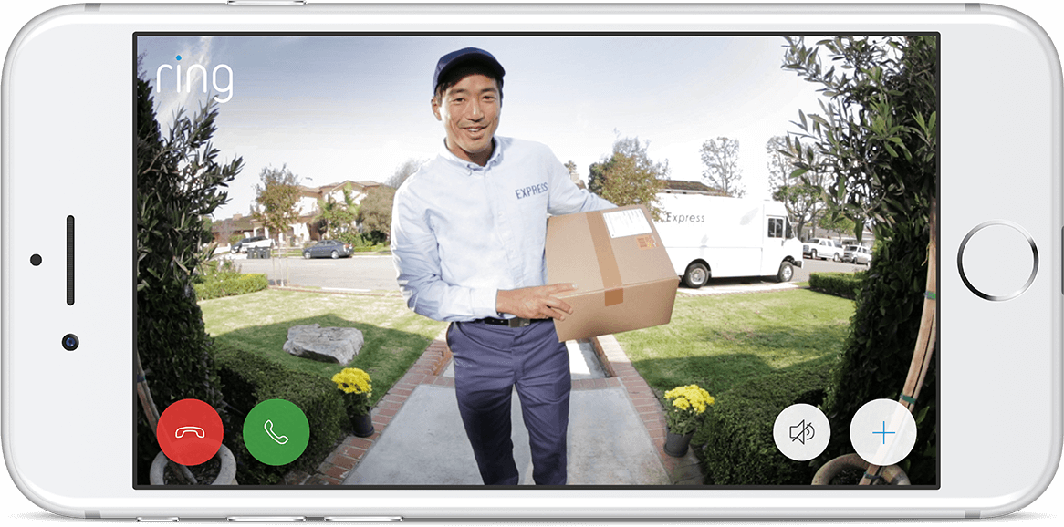 A smartphone screen displaying the Ring app video feed as a person delivers a package.