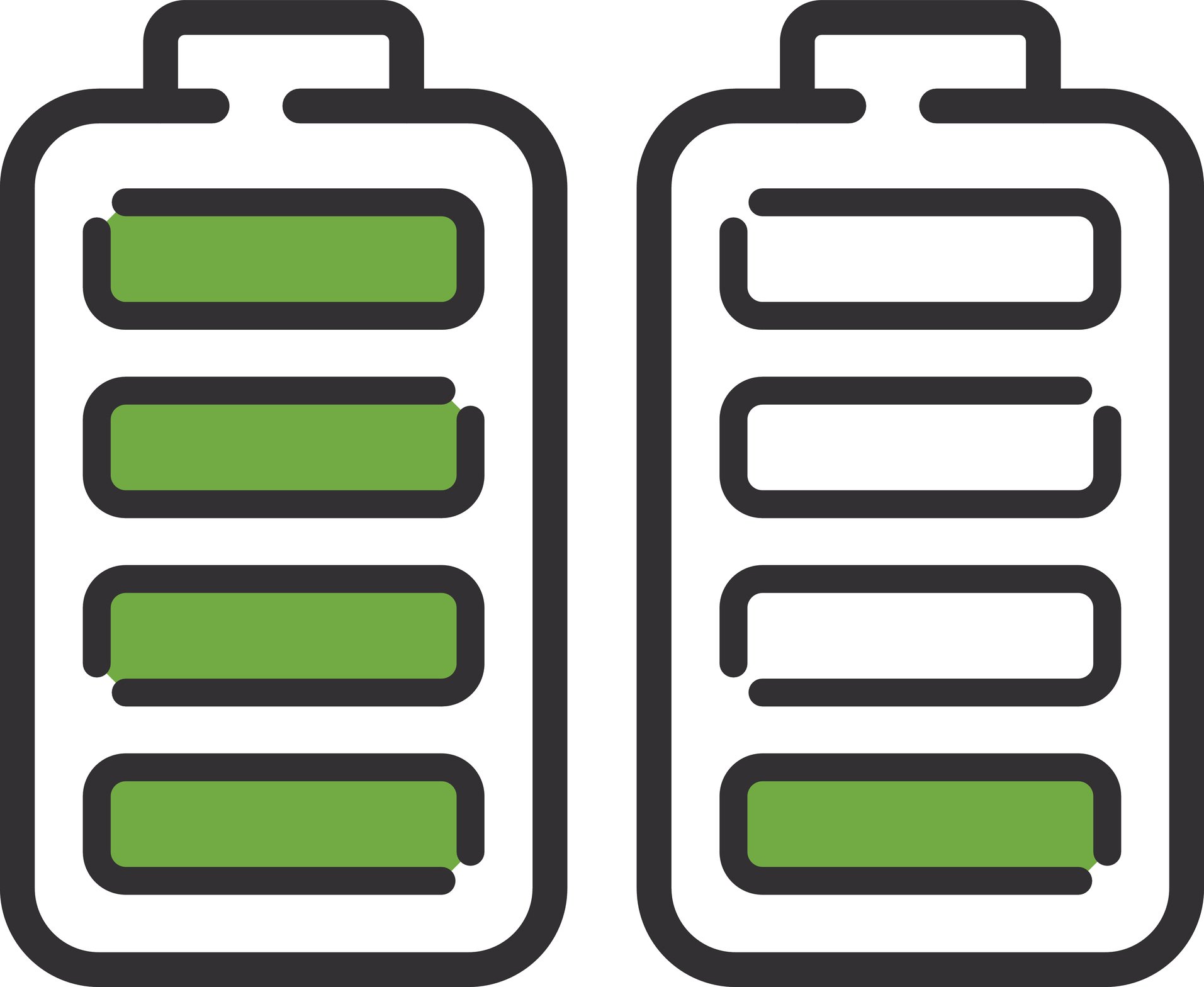 Graphic showing a full and an empty battery