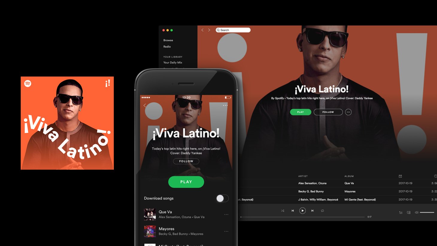 Screenshots of Spotify's Viva Latino playlist on desktop and mobile.