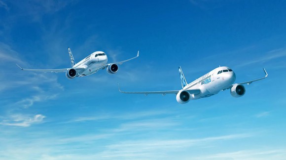 A rendering of an A320neo and a CSeries jet flying side-by-side