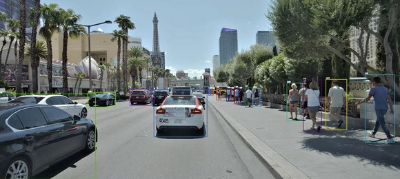 View of a vehicle camera with categorized square boxes around other vehicles, people, and objects