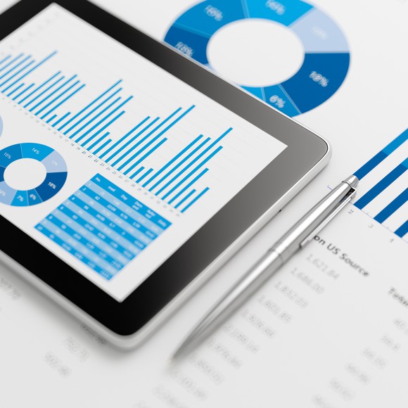 A tablet showing management metrics and charts.