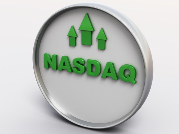 Nasdaq printed in green letters with three upward-pointing green arrows above it