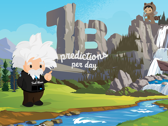 A cartoon of Salesforce's Einstein AI standing on a green landscape next to a body of water and pointing to the words 1 B predictions per day carved out of rock behind him