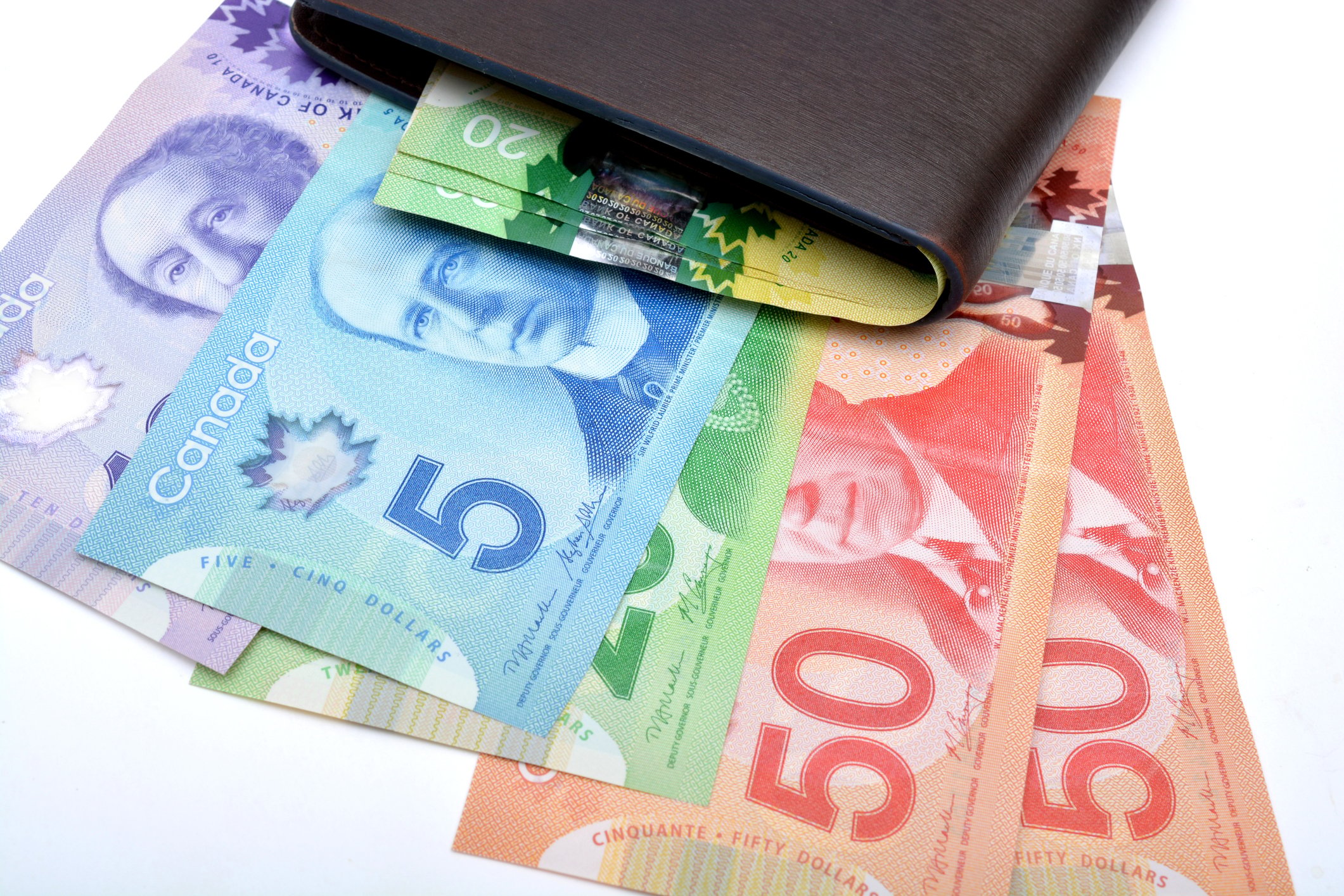 Canadian banknotes and a wallet