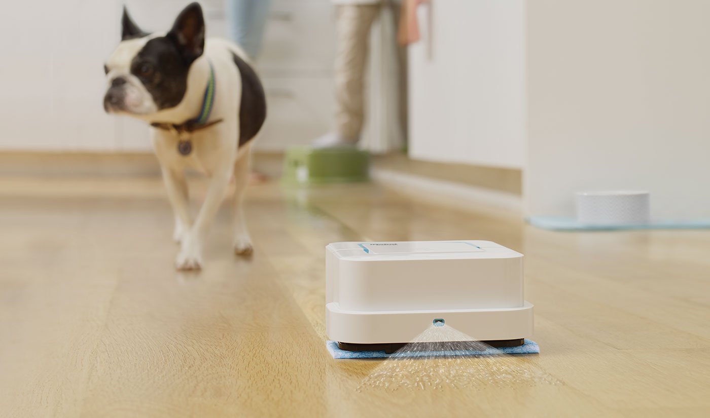 An iRobot Braava mopping bot cleaning a hardwood floor with a dog walking in the background.