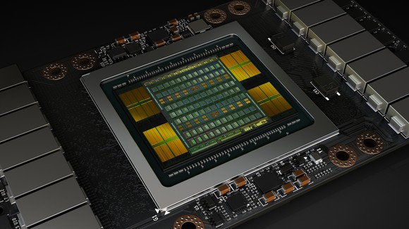 A Tesla V100 GPU for data centers.