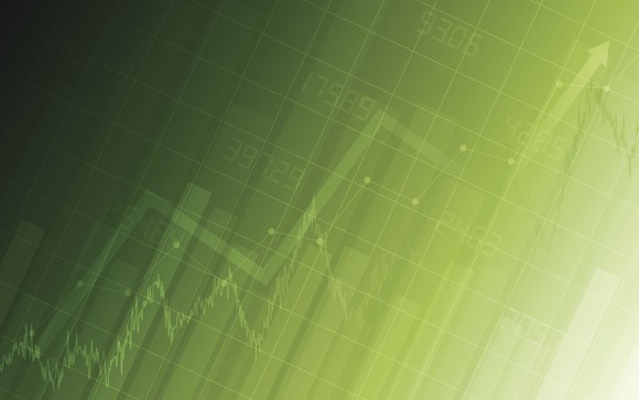 Chart with arrows going up on green background.