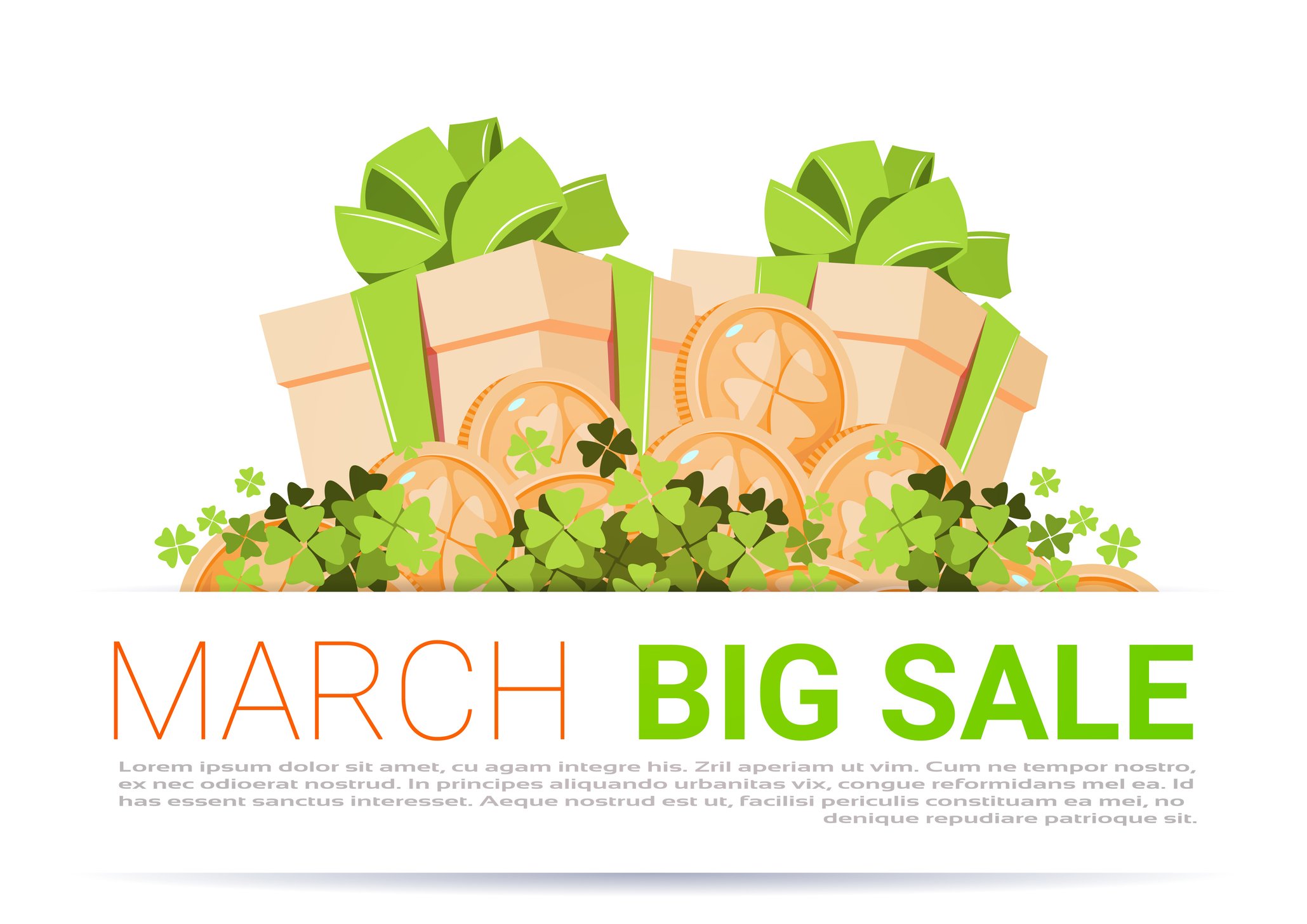 Boxes tied with green bows surrounded by shamrocks with caption March Big Sale.