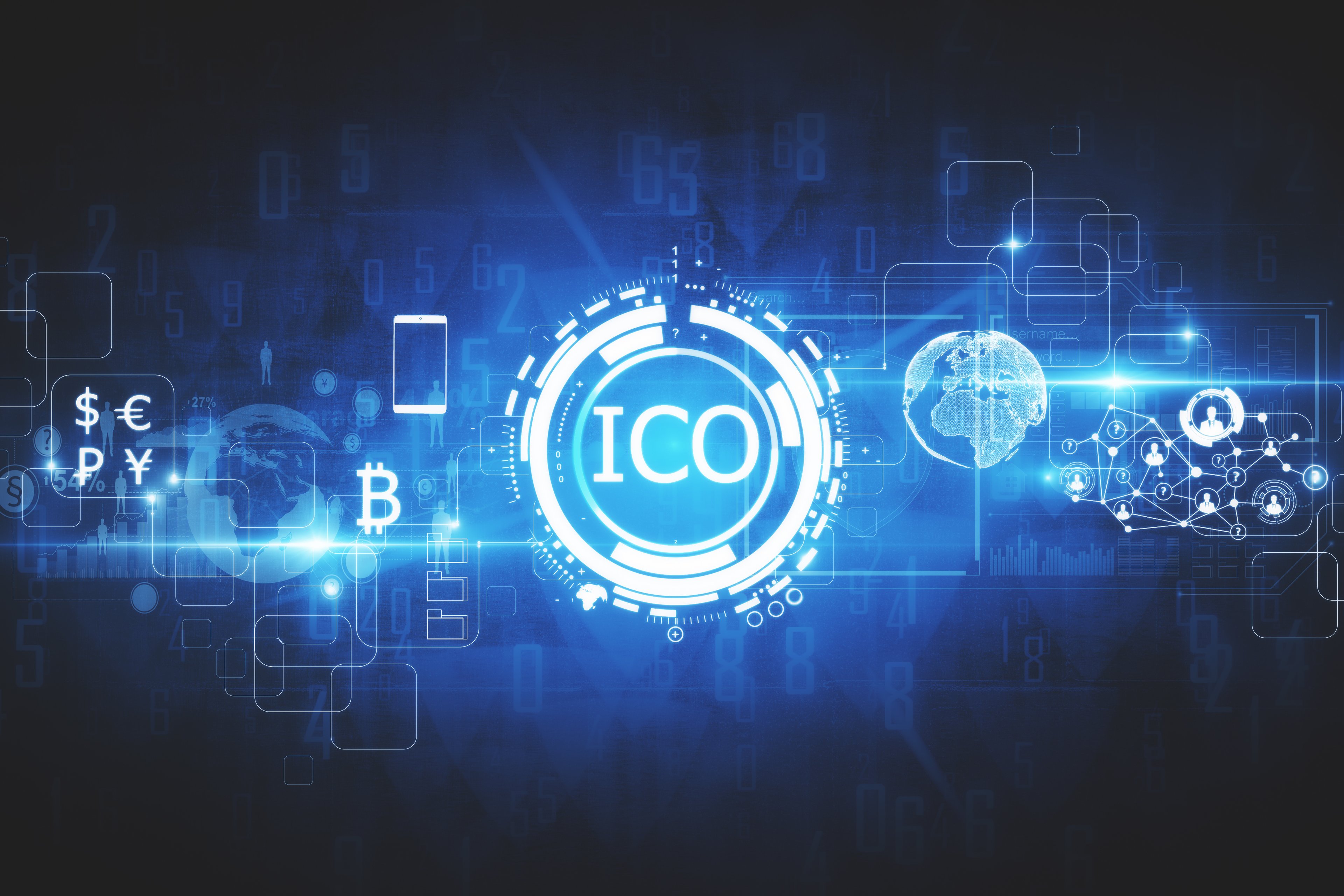 A digital rendering of the word ICO, surrounded by currency and bitcoin symbols.