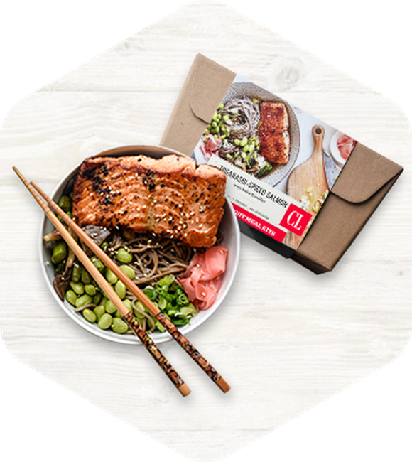 Sample meal kit of grilled salmon and endamame.