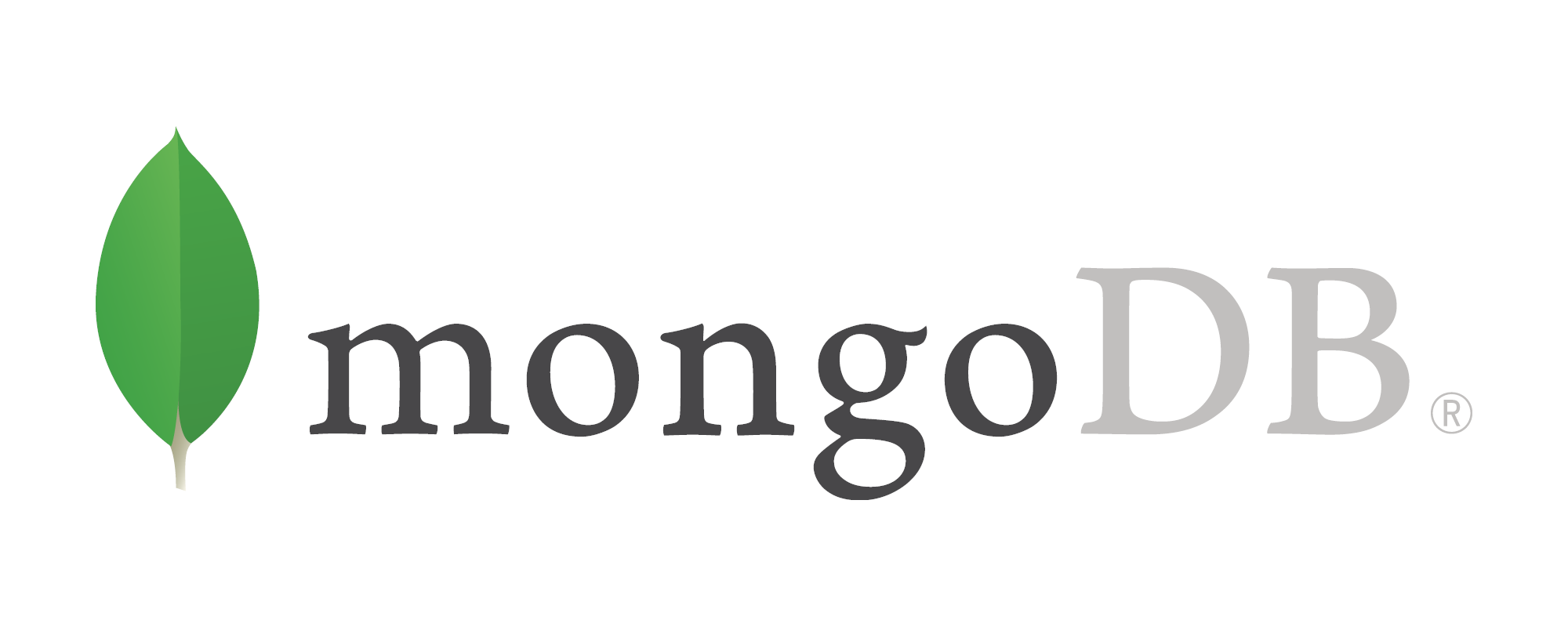 MongoDB's corporate logo with a green leaf on the left of gray letters that spell out the company name
