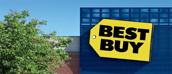 The Best Buy logo on the front of a store.