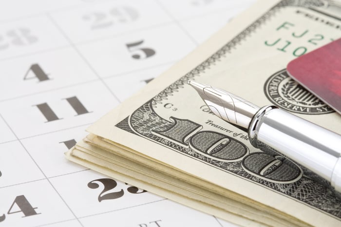 Reservoir pen and credit card resting on a stack of hundred-dollar bills, which in turn lies atop a calendar.