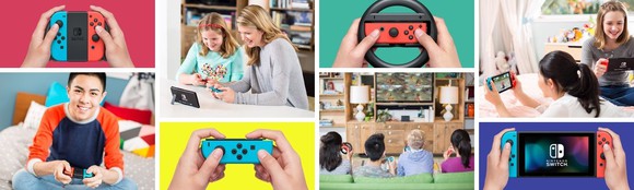 different panels advertising parents and children playing Nintendo products.