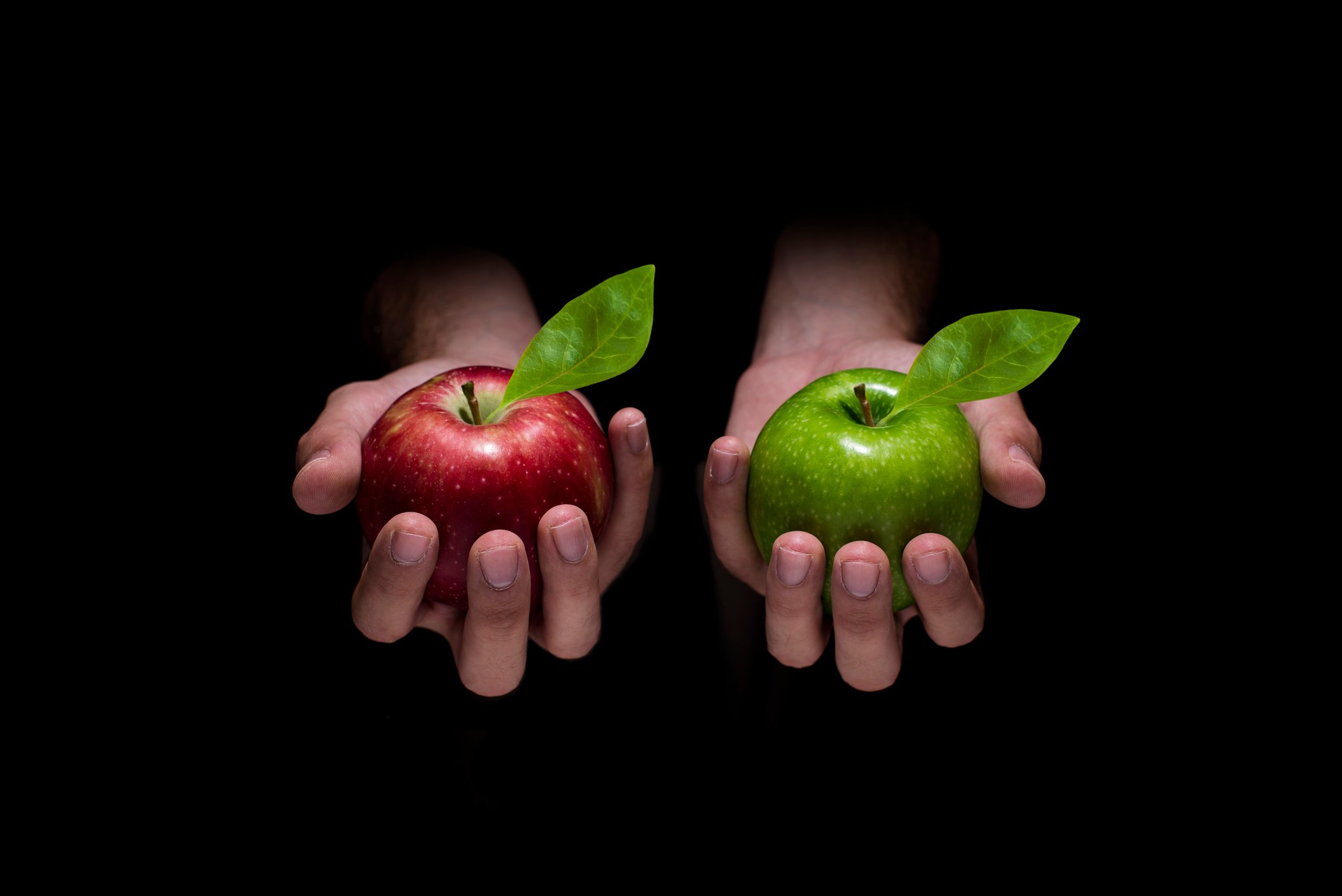 A pair of hands holding a red apple on one hand and a green apple on the other.