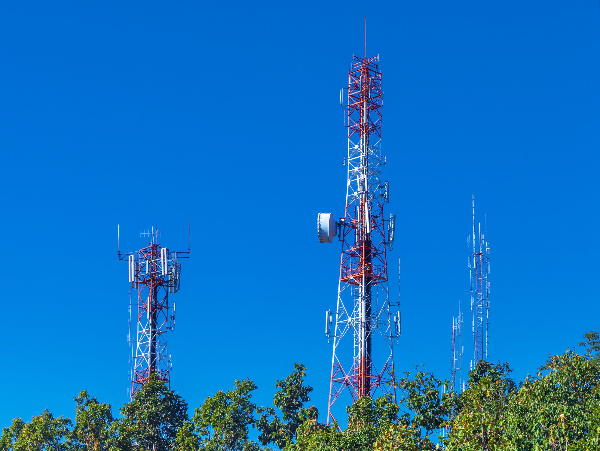 Three cellphone towers standing above treetops.