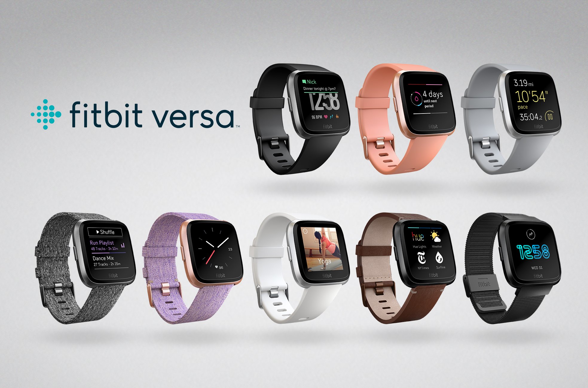 The Fitbit Versa with various screens
