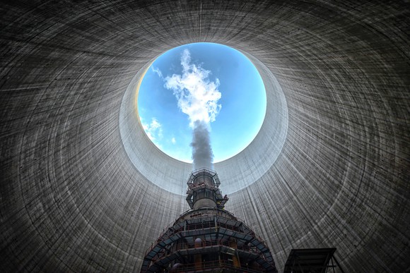 The inside of a cooling tower at a power plant.