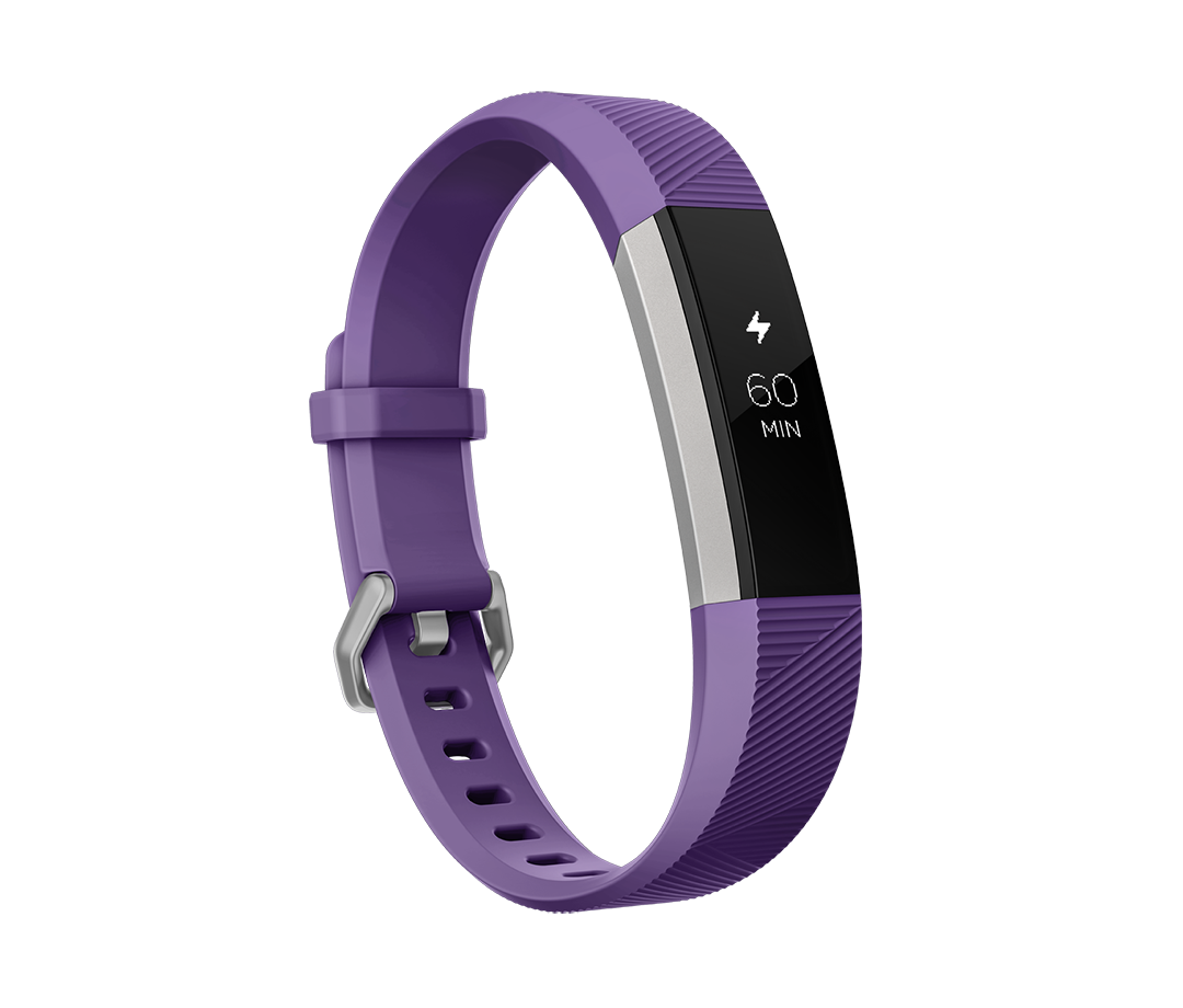The Fitbit Ace fitness tracker for kids, a thin band in purple with a digital display in the center.