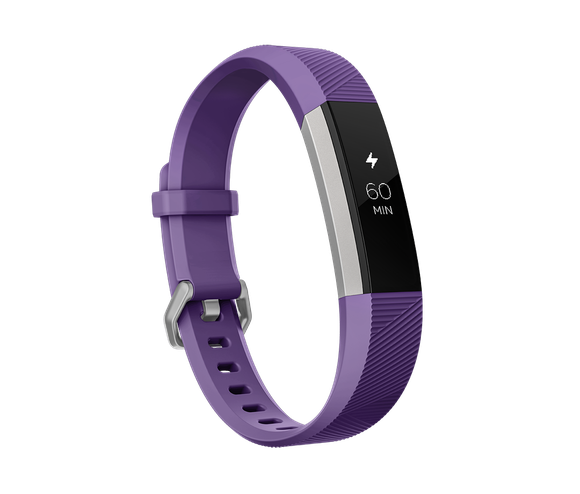 The Fitbit Ace fitness tracker for kids, a thin band in purple with a digital display in the center.