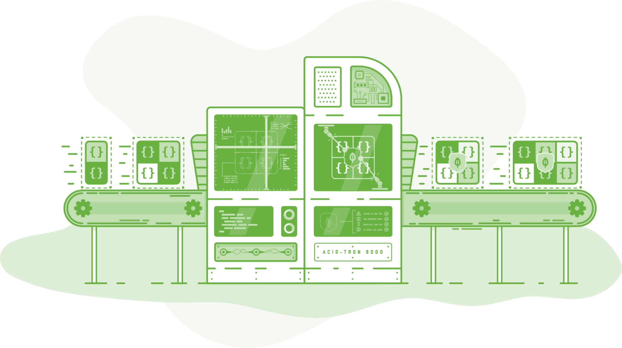 cartoon showing data going through a machine consisting of servers like a conveyor belt. 