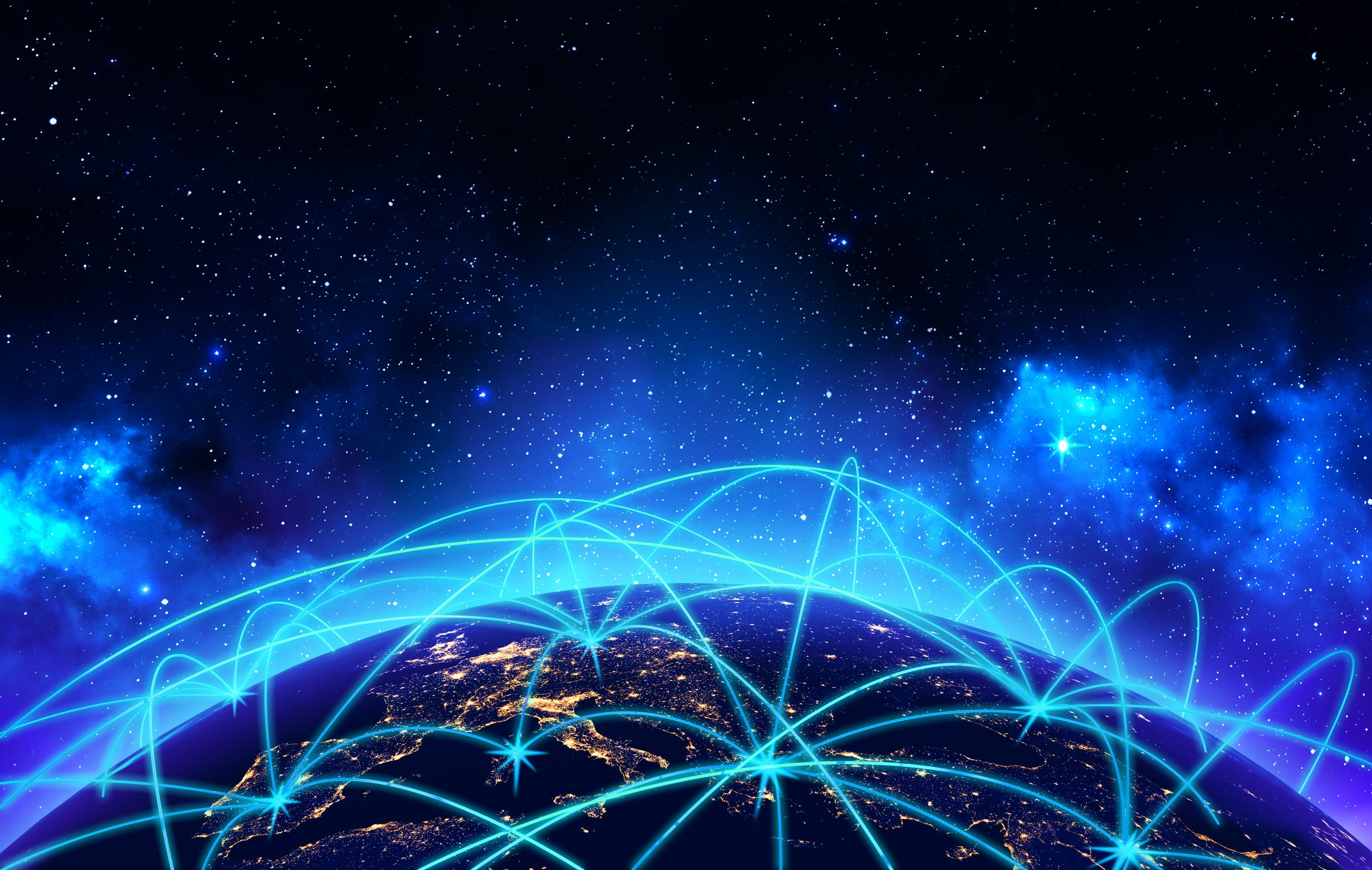 Earth globe night view with connect lines on deep blue space background.