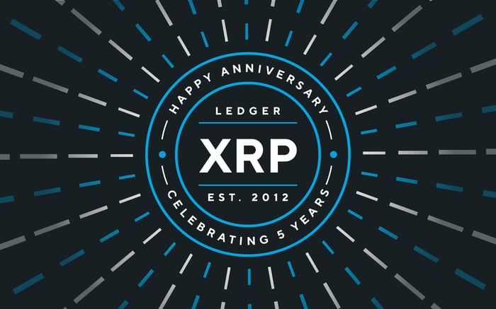 Blue circles and rays on black background celebrating XRP 5th anniversary.