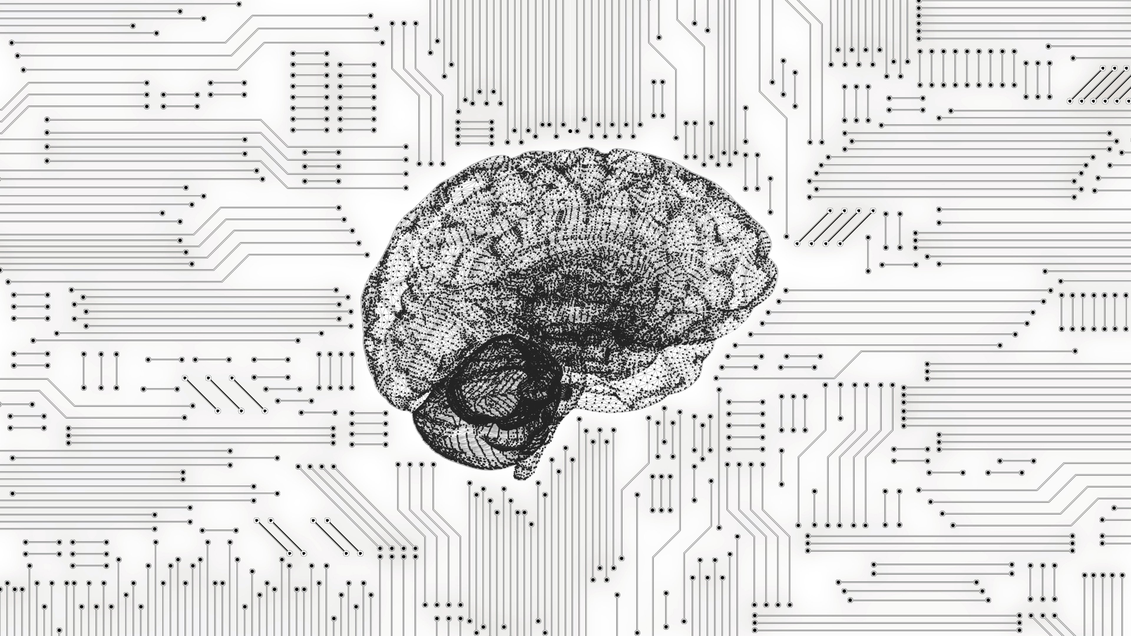 Artist's rendering of a brain in the middle of computer connection lines.