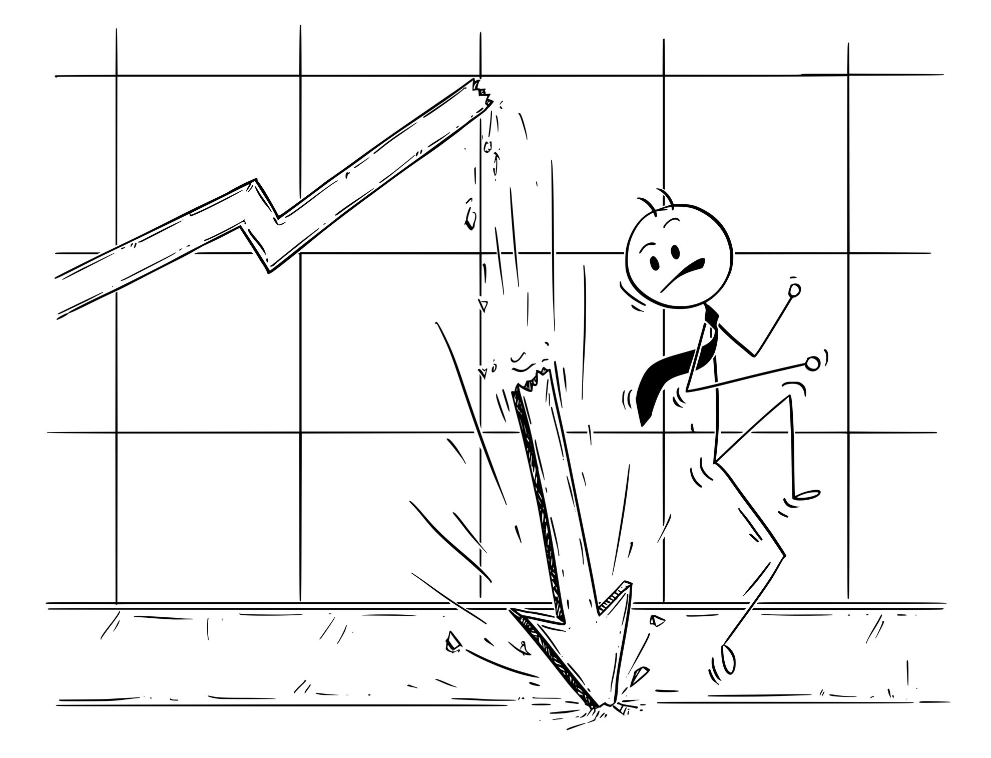Cartoon of profit chart graph arrow nearly falling on stick figure wearing a tie