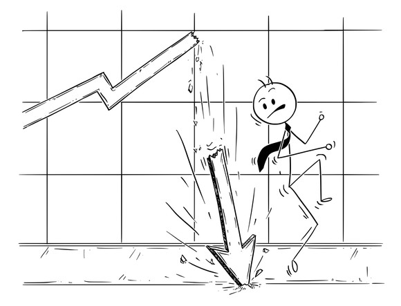 Cartoon of profit chart graph arrow nearly falling on stick figure wearing a tie