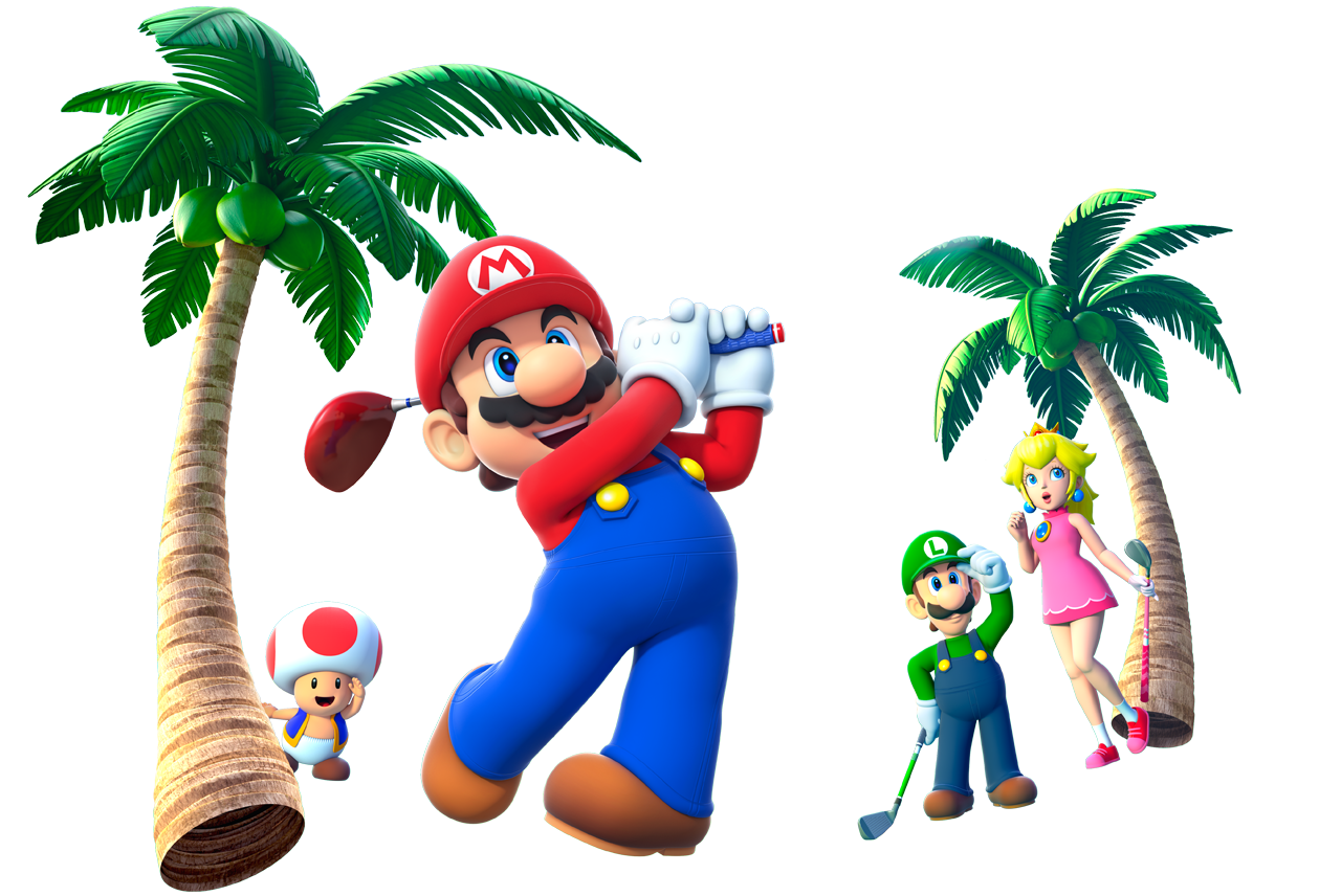 Mario golfing among palm trees with Luigi, Peach, and Toad.