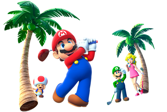 Mario golfing among palm trees with Luigi, Peach, and Toad.