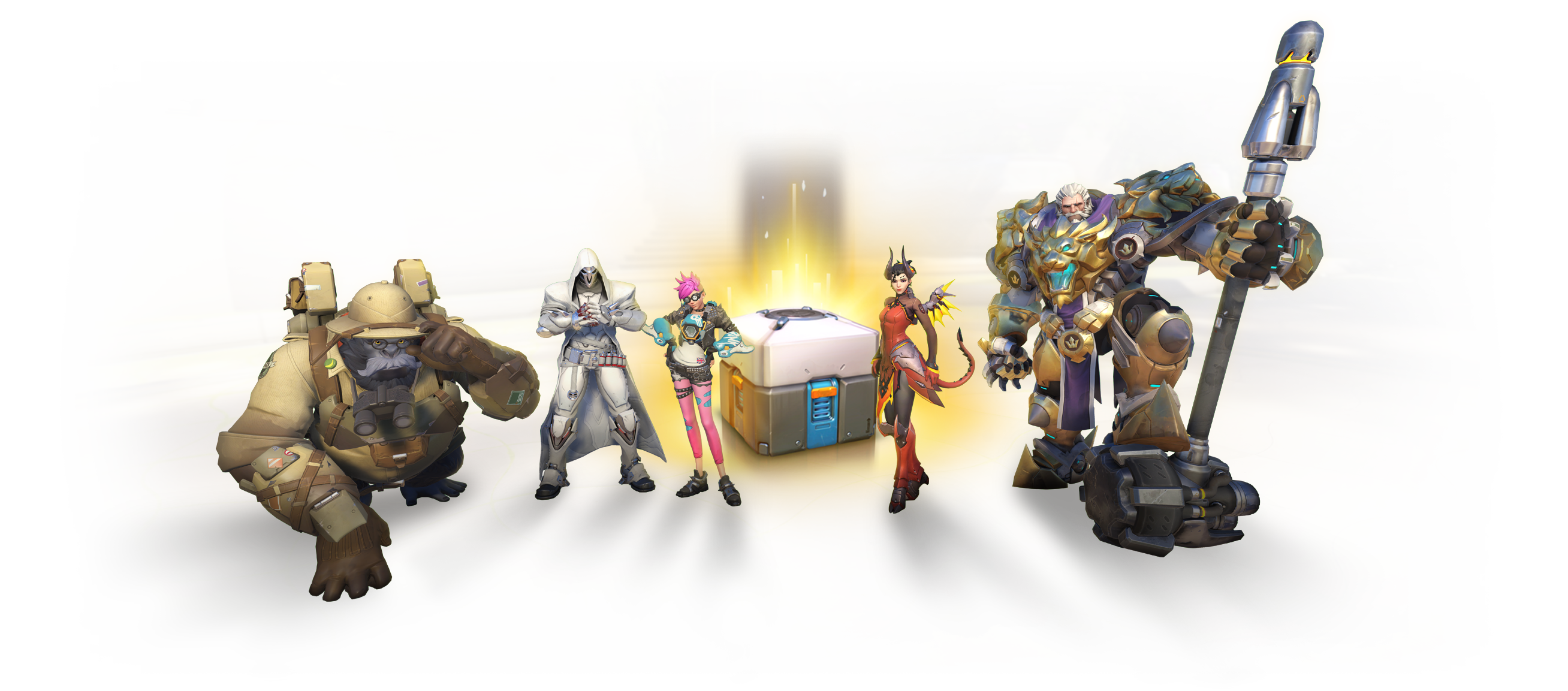 Five characters from Activision Blizzard's Overwatch standing around a loot box.