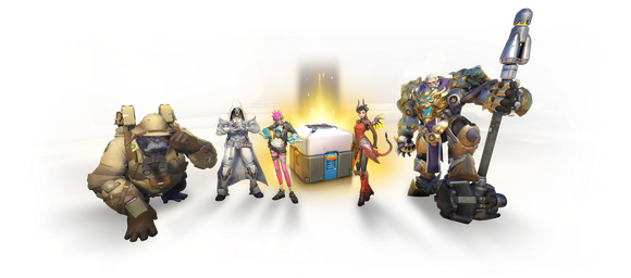 Five characters from Activision Blizzard's Overwatch standing around a loot box.