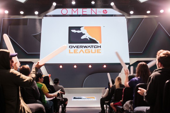 Overwatch League logo displayed on stage at Blizzard Arena. 