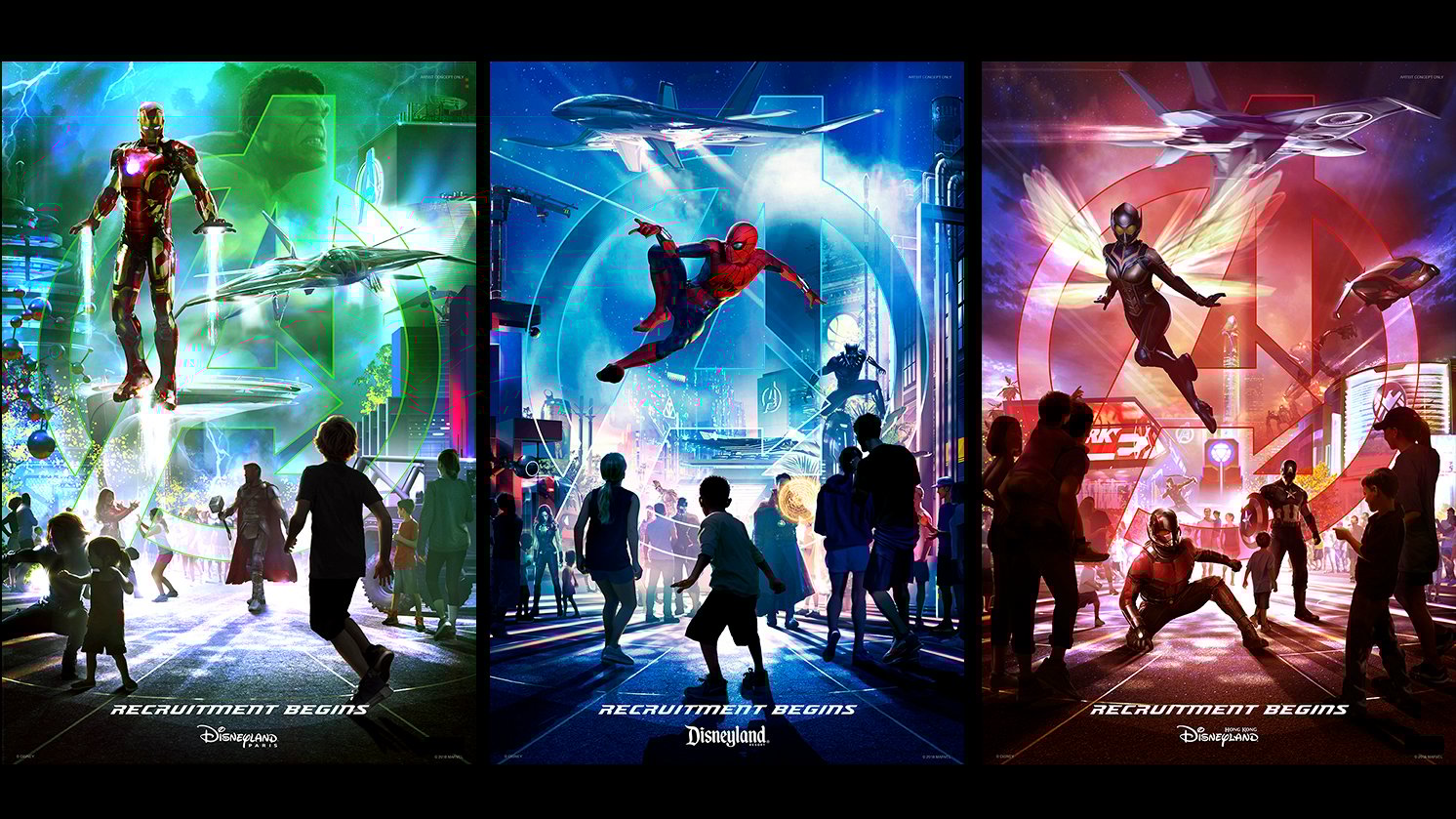 Disney promotional artwork for three announced Marvel lands.