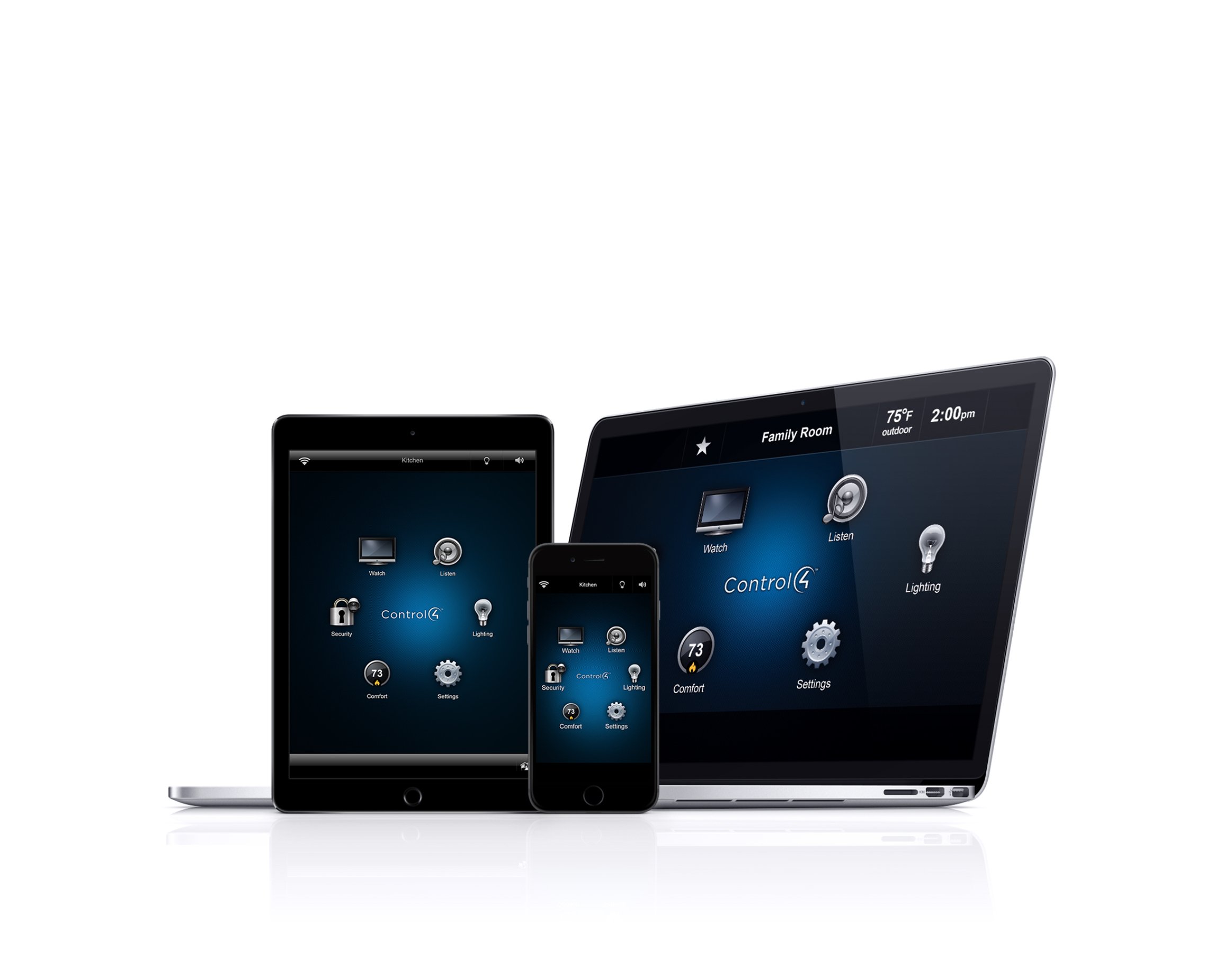 Control4 app on laptop, notebook, and smartphone.