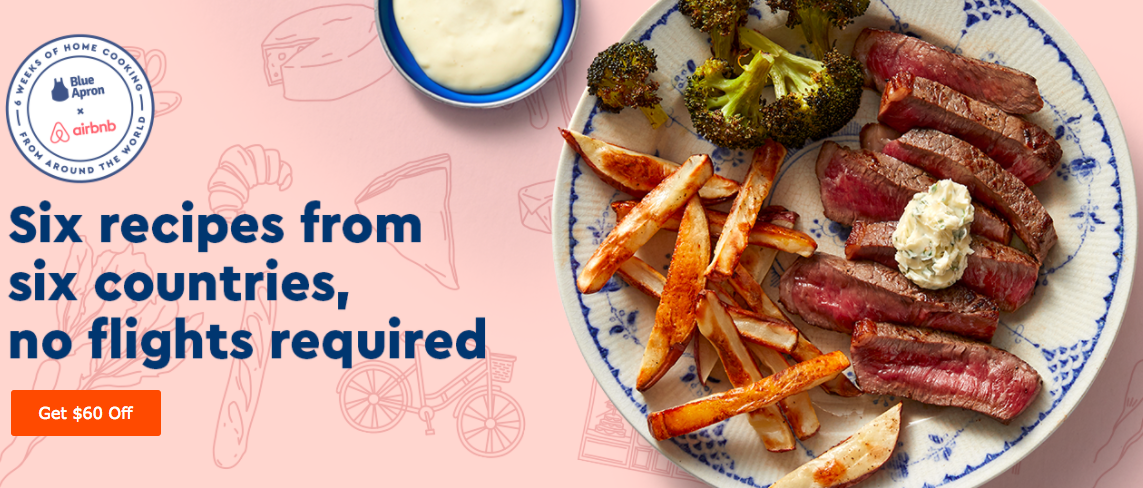 Landing page for Blue Apron's six-week international promo, with a blue-and-white plate of sliced steak, fries, and broccoli florets.