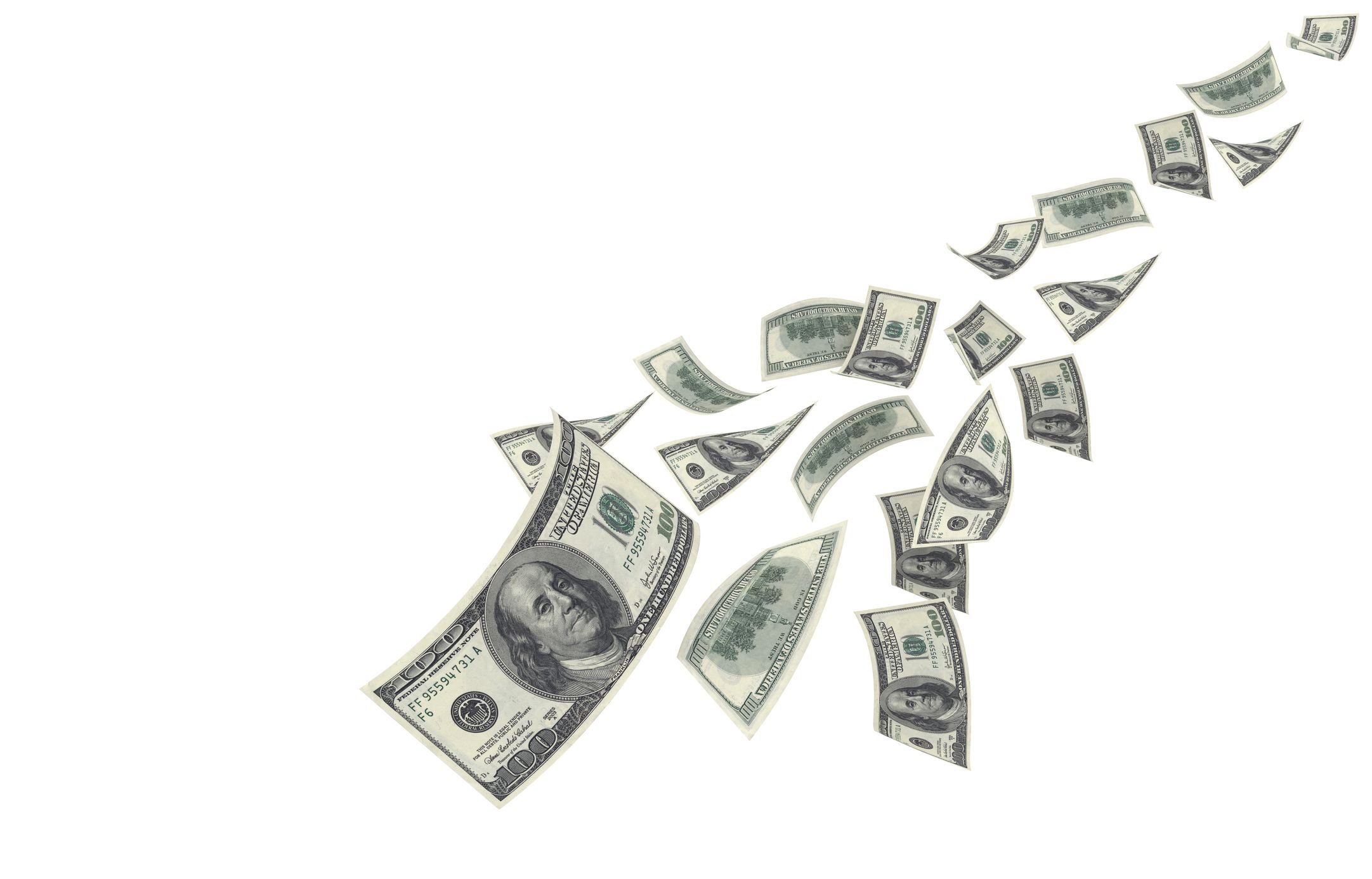 a stream of hundred dollar bills falls from the sky. 