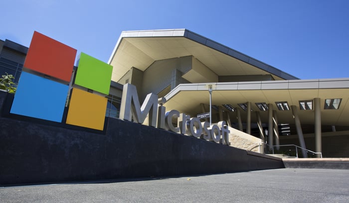 Microsoft logo outside company campus.