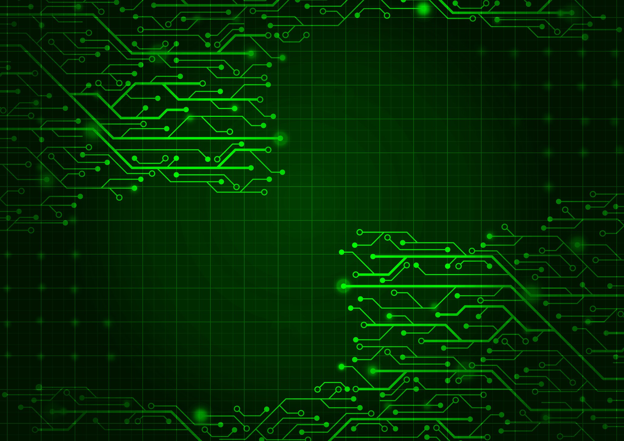 Graphic composed of green lines that look like a computer motherboard