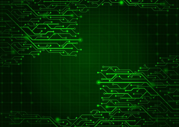 Graphic composed of green lines that look like a computer motherboard