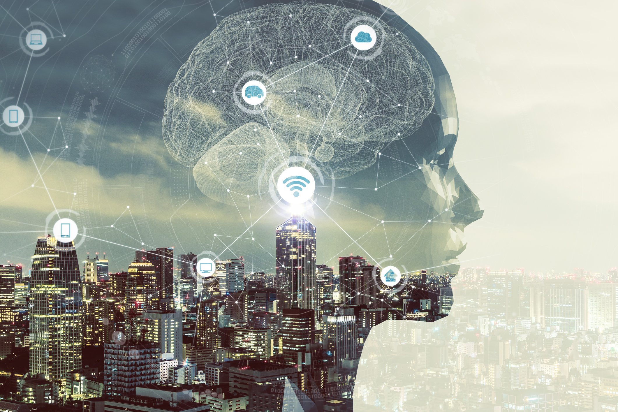 A silhouette of a robot head over a cityscape with technology icons on it