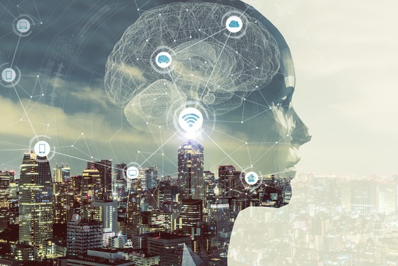 A silhouette of a robot head over a cityscape with technology icons on it